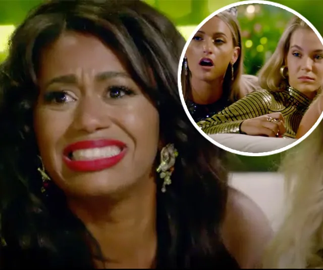 Woman with dramatic expression and red lipstick, inset of two women reacting. Likely scene from a reality TV show or drama.