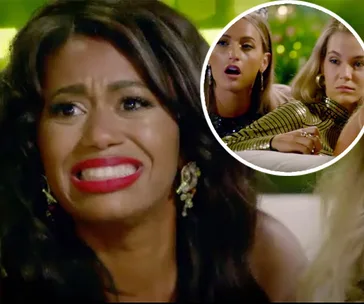 Woman with dramatic expression and red lipstick, inset of two women reacting. Likely scene from a reality TV show or drama.