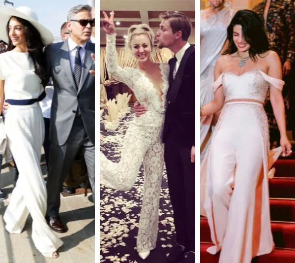 Three women in stylish white bridal pantsuits and jumpsuits, celebrating in different settings.