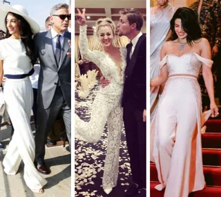 Three women in stylish white bridal pantsuits and jumpsuits, celebrating in different settings.
