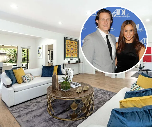 Living room with modern decor, circular inset of a couple smiling at a formal event.