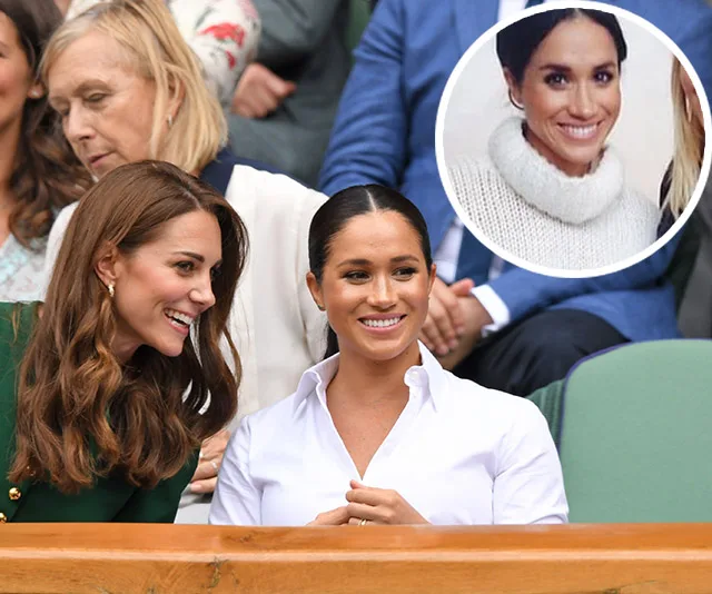 Celebrities seated together at an event, one wearing a white top, both smiling in the main image and inset.
