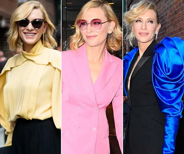 Cate Blanchett in stylish outfits: yellow blouse, pink suit, and black dress with blue sleeves.