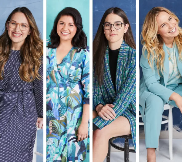 Women of the Future 2019 finalists in various colorful outfits, smiling and seated in front of vibrant backgrounds.