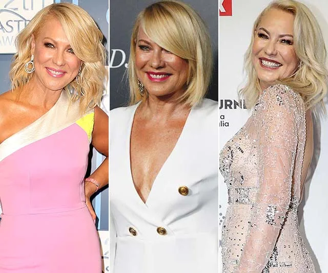 Three images of a woman smiling in pink, white, and sequined dresses at various events.