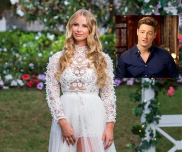 A woman in a white lace dress stands in a garden; inset of a man in a navy shirt talking indoors.