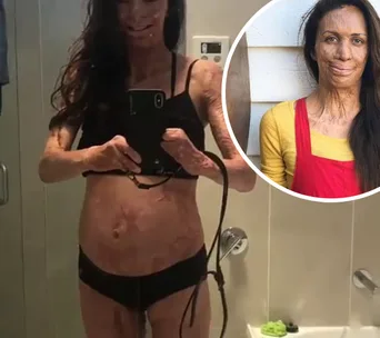 Pregnant woman taking a mirror selfie in a bathroom, with an inset of her smiling in colorful clothing.