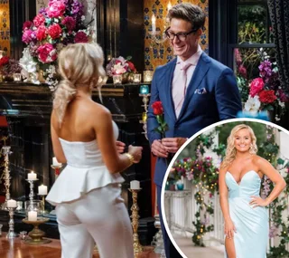 "Two individuals in formal attire in a decorated setting, one holding a rose."