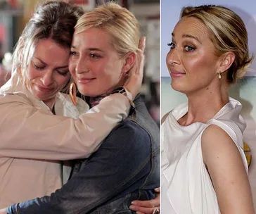 Two images: Left shows two women embracing warmly. Right shows a woman in a white dress, looking aside with a gentle expression.