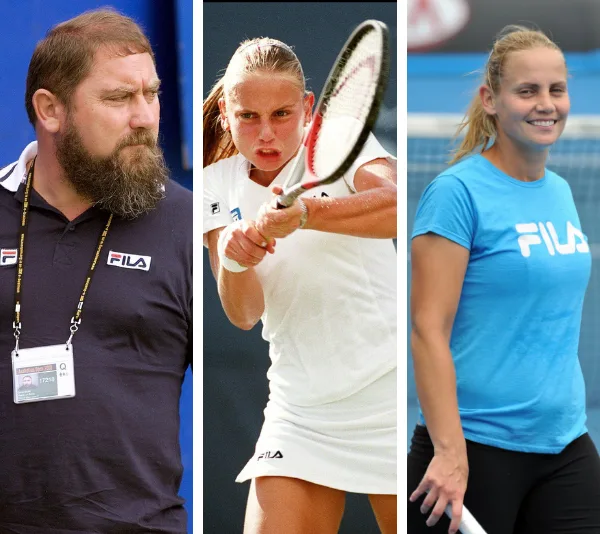 Man and two women in Fila attire; one woman is playing tennis with a racket.