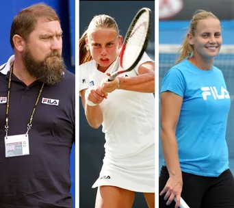 Man and two women in Fila attire; one woman is playing tennis with a racket.