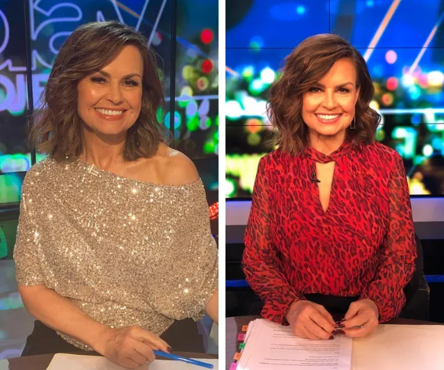 Lisa Wilkinson in a sparkling top and red leopard print blouse on "The Project" set, smiling at the camera.