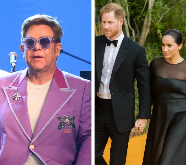 Elton John in lavender suit on stage; couple in formal attire walking outdoors holding hands.