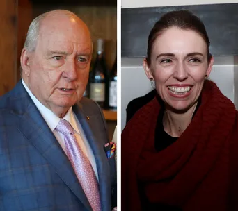 Two individuals in a split image: one in a suit, the other smiling, wearing a dark outfit and red scarf.