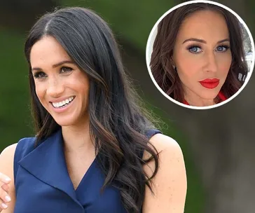 Two women with long hair. One is smiling outdoors, wearing a blue dress; the other has bright red lipstick in a circular inset.