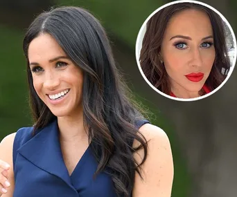 Two women with long hair. One is smiling outdoors, wearing a blue dress; the other has bright red lipstick in a circular inset.