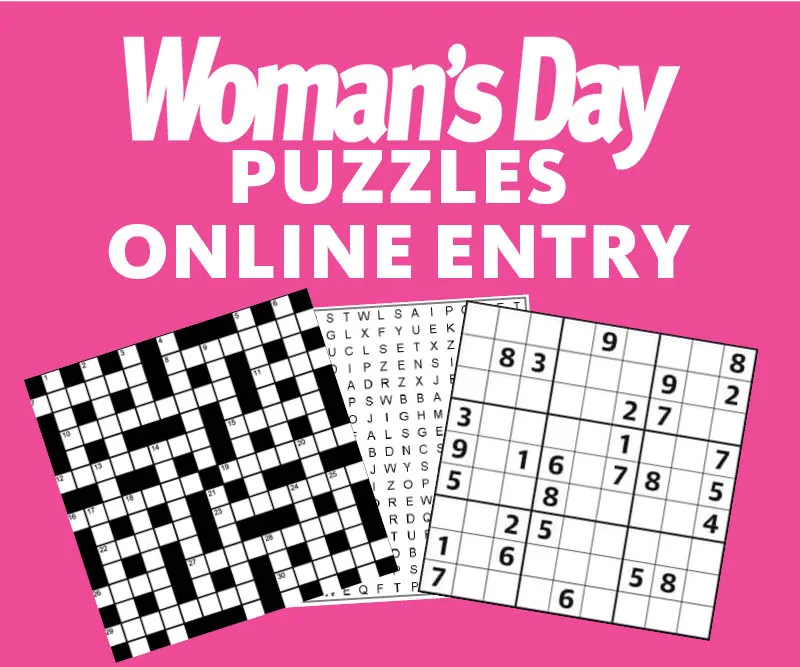 "Woman's Day puzzle entry banner with a crossword, word search, and sudoku on a pink background."