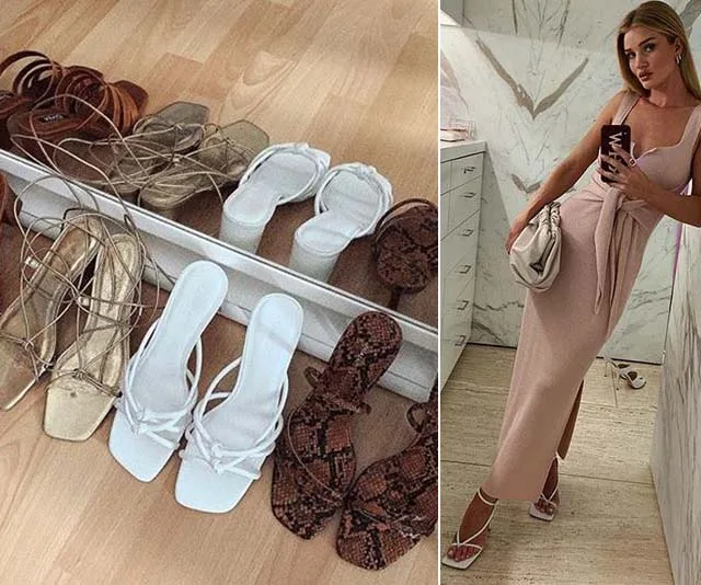 A woman in a pink dress takes a mirror selfie wearing white square-toe heels, with various similar shoes shown beside.