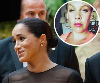 Meghan Markle in a formal event with an inset of a supportive woman’s selfie, showcasing solidarity.