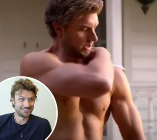 "Scene from Netflix movie with shirtless man and inset photo of smiling man in blue shirt."