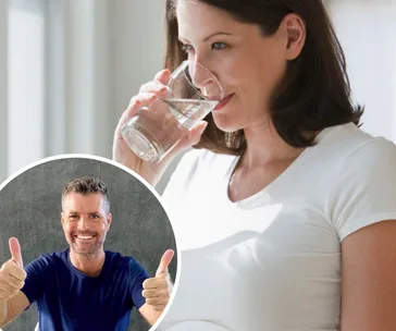 Pregnant woman drinking water with inset of smiling man giving thumbs up.
