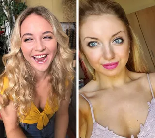 Two women smiling, one in a yellow top with curly hair, the other with light pink lipstick and a laced top.