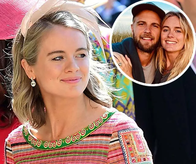 Cressida Bonas smiling in a colorful dress, inset shows her with fiancé, both looking happy.