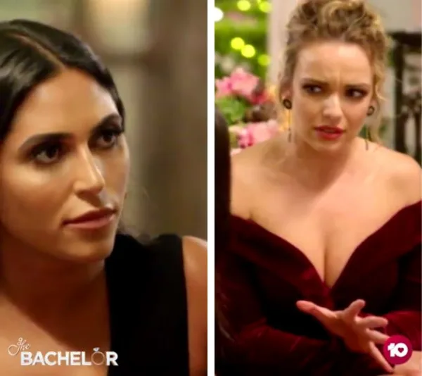 Two women from The Bachelor 2019, engaged in a tense discussion. One looks serious, the other appears concerned.