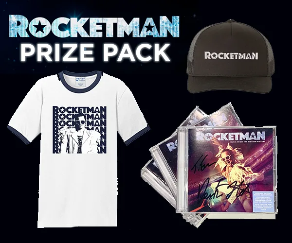 Rocketman prize pack featuring a T-shirt, cap, and signed soundtrack CDs.