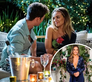 A couple sits together with a rose, candles, and drinks; inset shows a woman in a blue dress smiling at an event.
