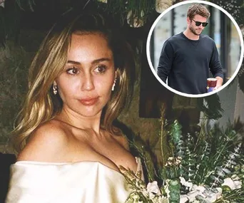 Young woman in white dress near foliage; inset shows a man in sunglasses holding a coffee cup.