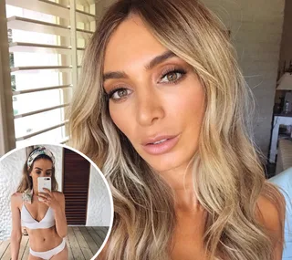 Close-up of a woman with blonde hair, inset shows her taking a mirror selfie in a bikini.