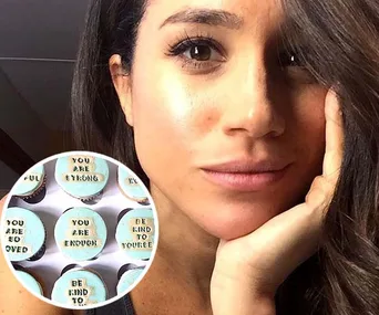 Person posing with cupcakes showing positive messages like "You are Enough" and "Be Kind to Yourself."
