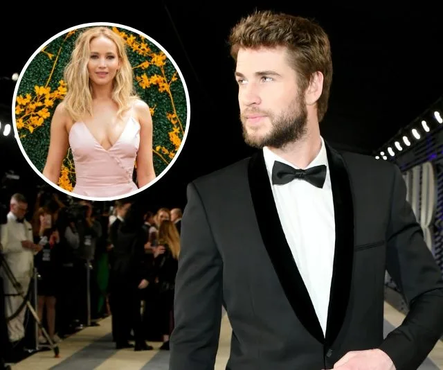 Liam Hemsworth in a tuxedo at an event, with an inset of Jennifer Lawrence against a floral backdrop.