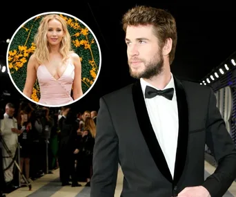 Liam Hemsworth in a tuxedo at an event, with an inset of Jennifer Lawrence against a floral backdrop.