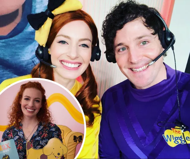 Emma Watkins and Lachy Gillespie in Wiggles outfits, smiling with headsets; insert of Emma with Spot the dog book.