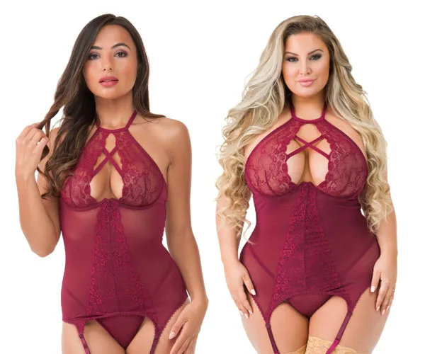 Two models wearing burgundy lace lingerie with garter straps, posing against a white background.