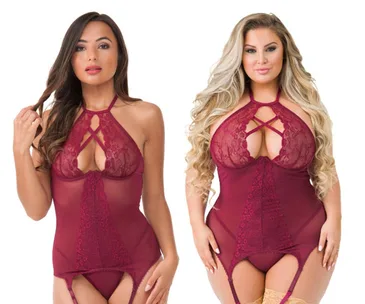 Two models wearing burgundy lace lingerie with garter straps, posing against a white background.