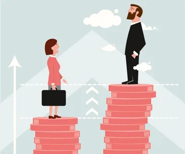 A woman and man on unequal stacks of coins, illustrating the gender pay gap.