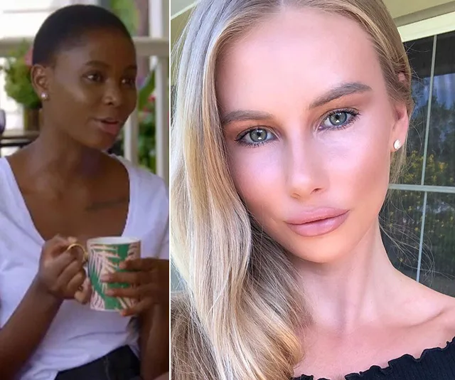 Two women; one holding a mug outdoors, the other a close-up selfie indoors, possibly related to "The Bachelor."