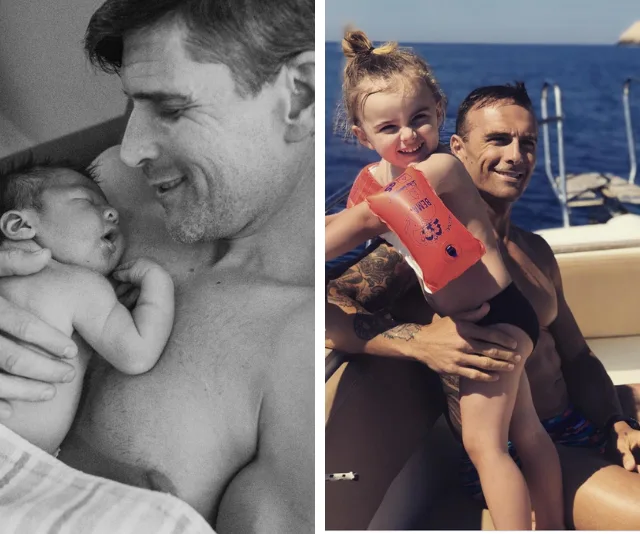 Father cradling newborn; same man with older child on boat, both smiling and wearing swimsuits.