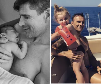 Father cradling newborn; same man with older child on boat, both smiling and wearing swimsuits.