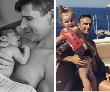 Father cradling newborn; same man with older child on boat, both smiling and wearing swimsuits.