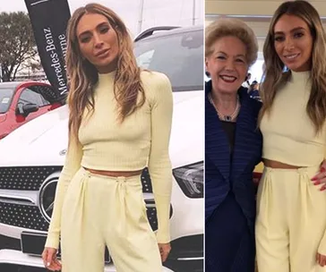 Woman in yellow outfit posing by car and with an older woman indoors.