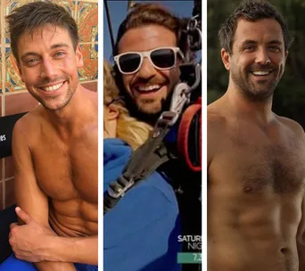 Three men smiling, shirtless, featuring adventure gear and casual settings.