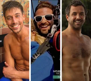 Three men smiling, shirtless, featuring adventure gear and casual settings.