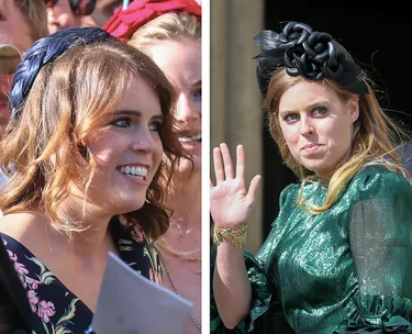 Two women at an outdoor event, one smiling in a floral dress, the other waving in a green dress with decorative headpieces.
