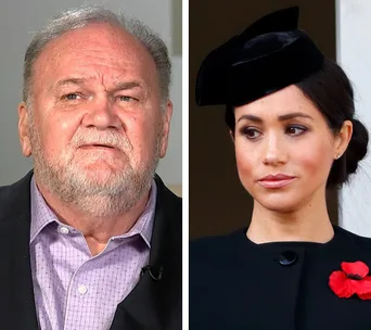 A split image of a bearded older man and a younger woman in formal attire with a black hat and red poppy accessory.