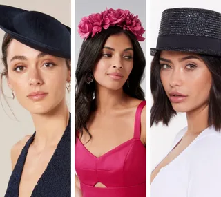 Women wearing navy fascinator, pink floral headband, and black woven hat for spring racing fashion.