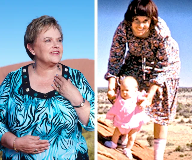 Lindy Chamberlain in a blue dress on the left; on the right, an older photo with her holding a baby outdoors.